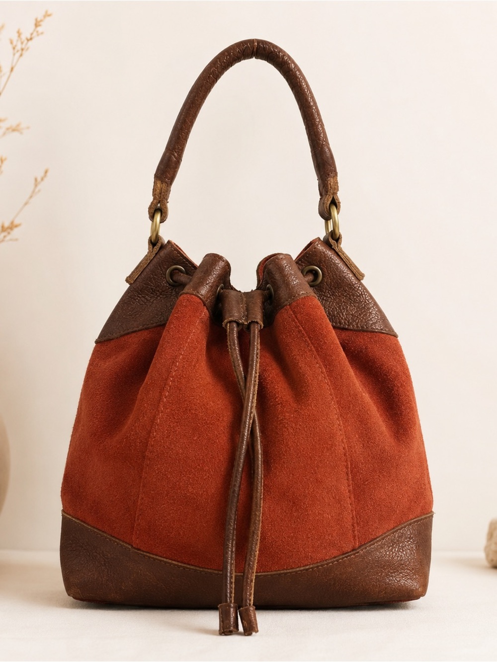 Anabaglish Rust Suede & Brown Leather Drawstring Bucket Bag Boho Hobo Purse